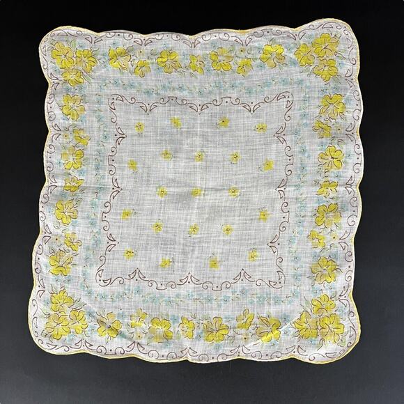 Handkerchief Vintage Floral Print Scalloped Edges Flowers Yellow Blue 12x11.5 - Picture 4 of 5